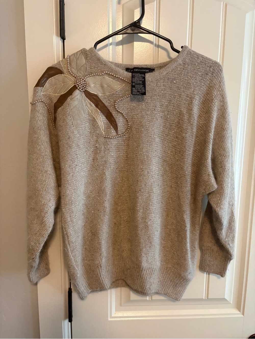 Beaded Leaf Appliqué Crewneck Sweater in Light Beige